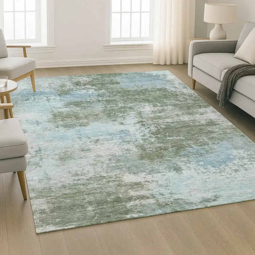 Sage And Sky Blue Abstract Washable Area Rug With UV Protection Photo 5