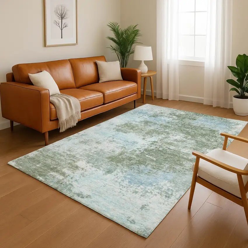 Sage And Sky Blue Abstract Washable Area Rug With UV Protection Photo 5