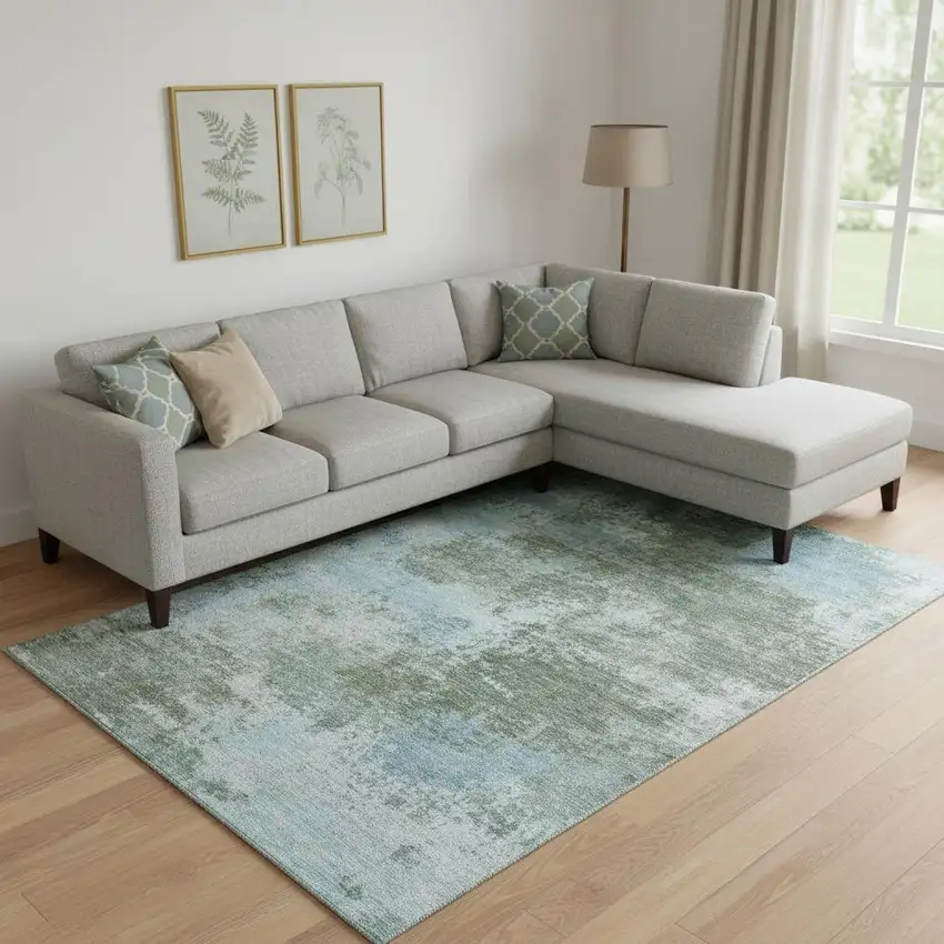 Sage And Sky Blue Abstract Washable Area Rug With UV Protection Photo 2