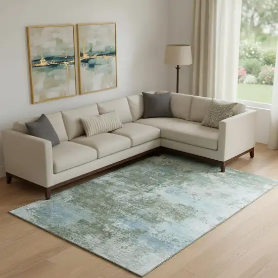 Sage And Sky Blue Abstract Washable Area Rug With UV Protection Photo 2