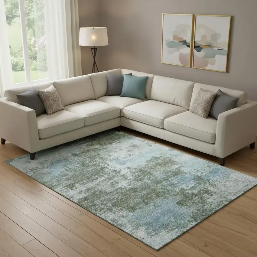 Sage And Sky Blue Abstract Washable Area Rug With UV Protection Photo 2