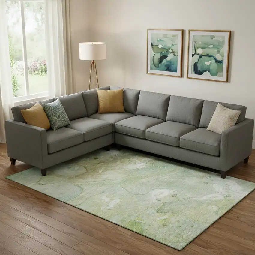 Sage And Teal Abstract Washable Area Rug With UV Protection Photo 2