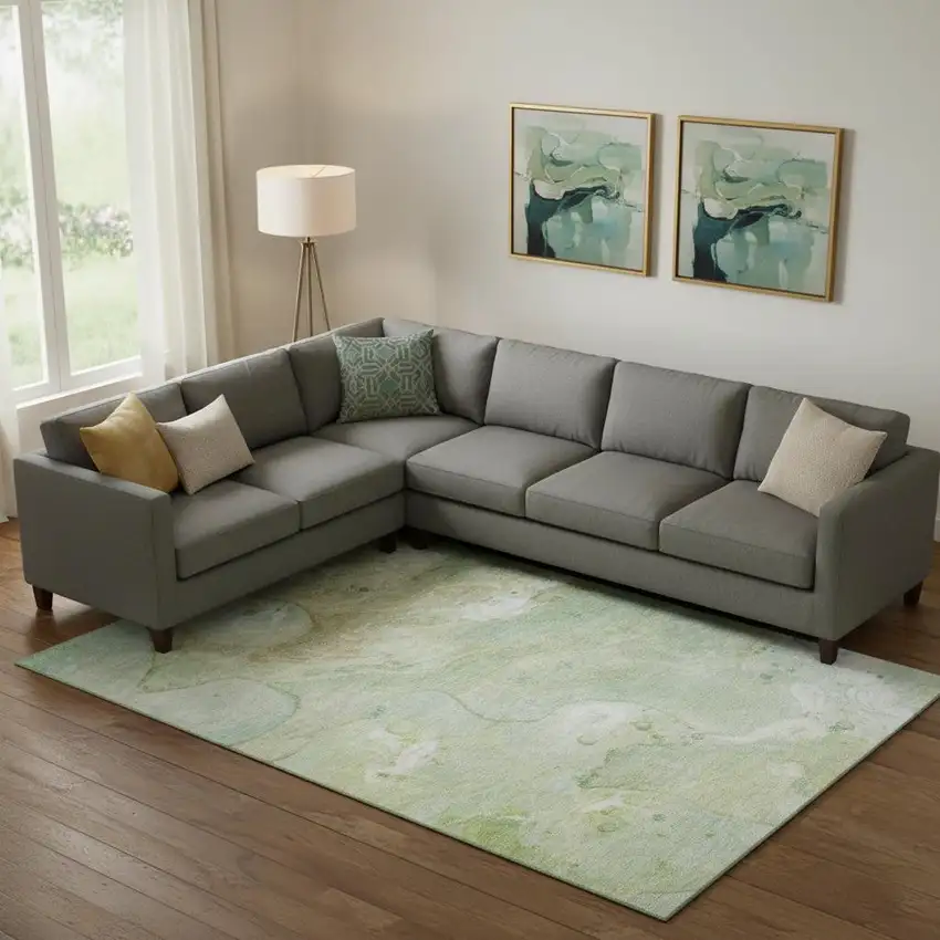 Sage And Teal Abstract Washable Area Rug With UV Protection Photo 2