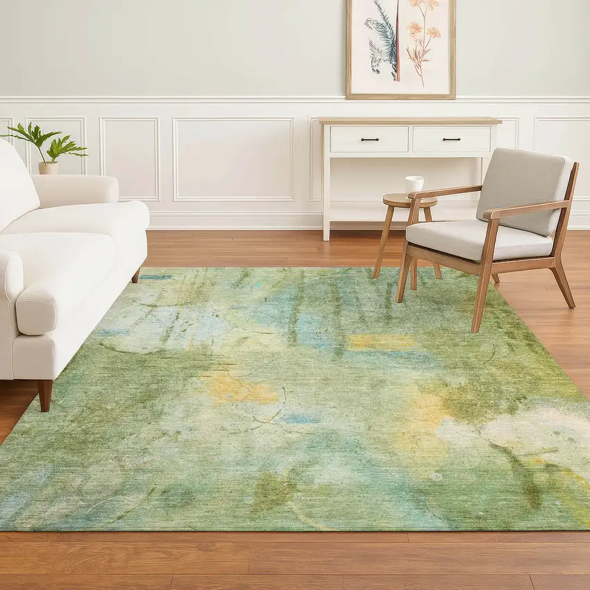 Sage And Teal Abstract Washable Area Rug With UV Protection Photo 4