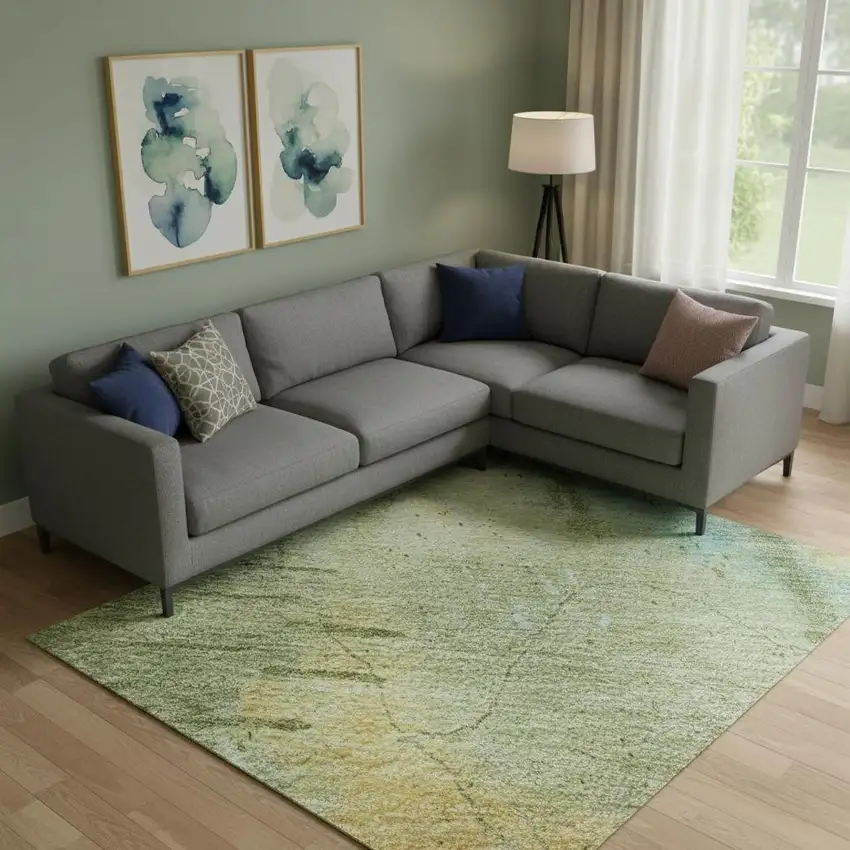 Sage And Teal Abstract Washable Area Rug With UV Protection Photo 2