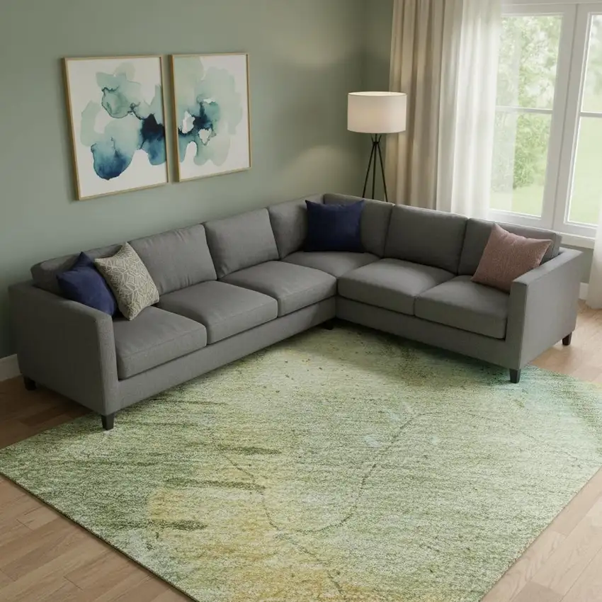 Sage And Teal Abstract Washable Area Rug With UV Protection Photo 2