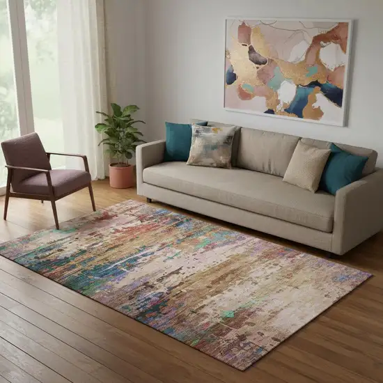 Sage And Teal Abstract Washable Area Rug With UV Protection Photo 2