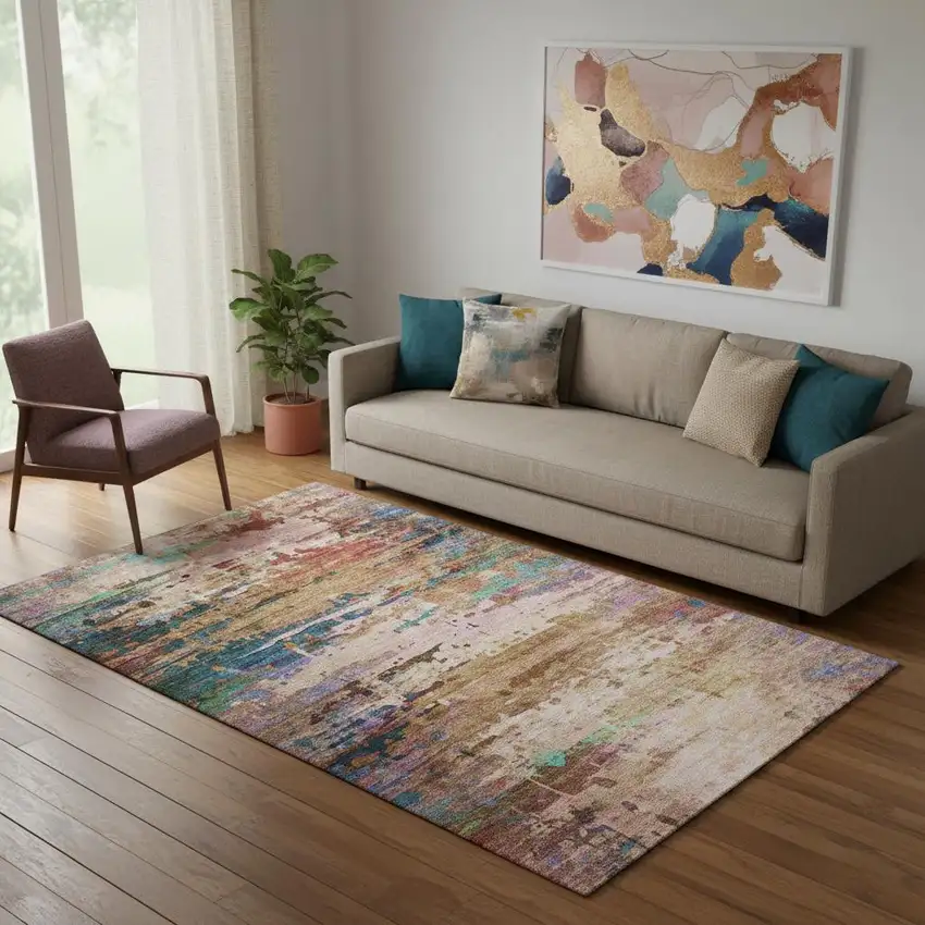 Sage And Teal Abstract Washable Area Rug With UV Protection Photo 2