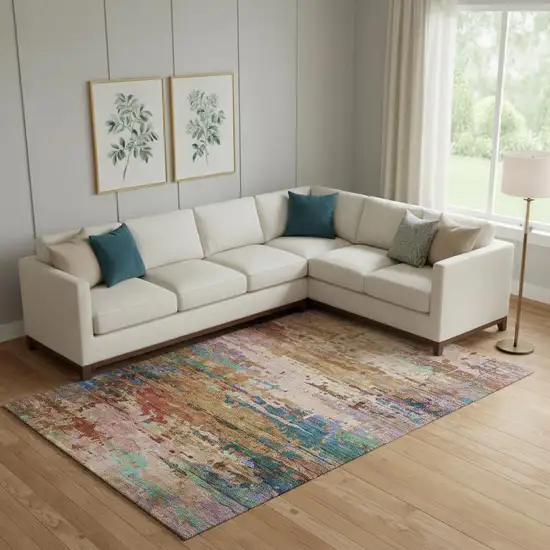 Sage And Teal Abstract Washable Area Rug With UV Protection Photo 2