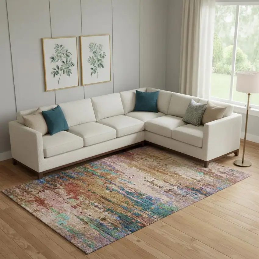 Sage And Teal Abstract Washable Area Rug With UV Protection Photo 2