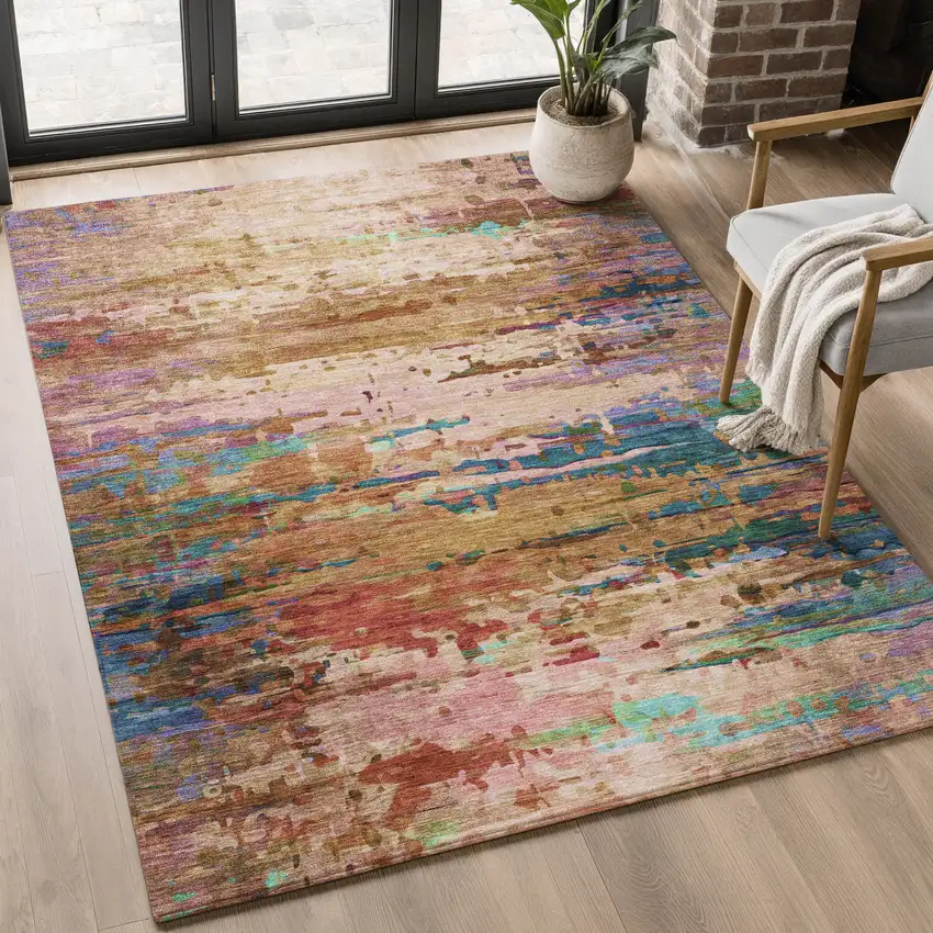 Sage And Teal Abstract Washable Area Rug With UV Protection Photo 5