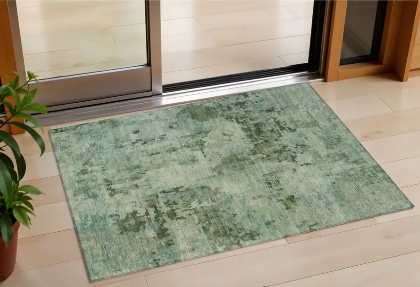 Sage And Teal Blue Abstract Washable Indoor Outdoor Area Rug Photo 1