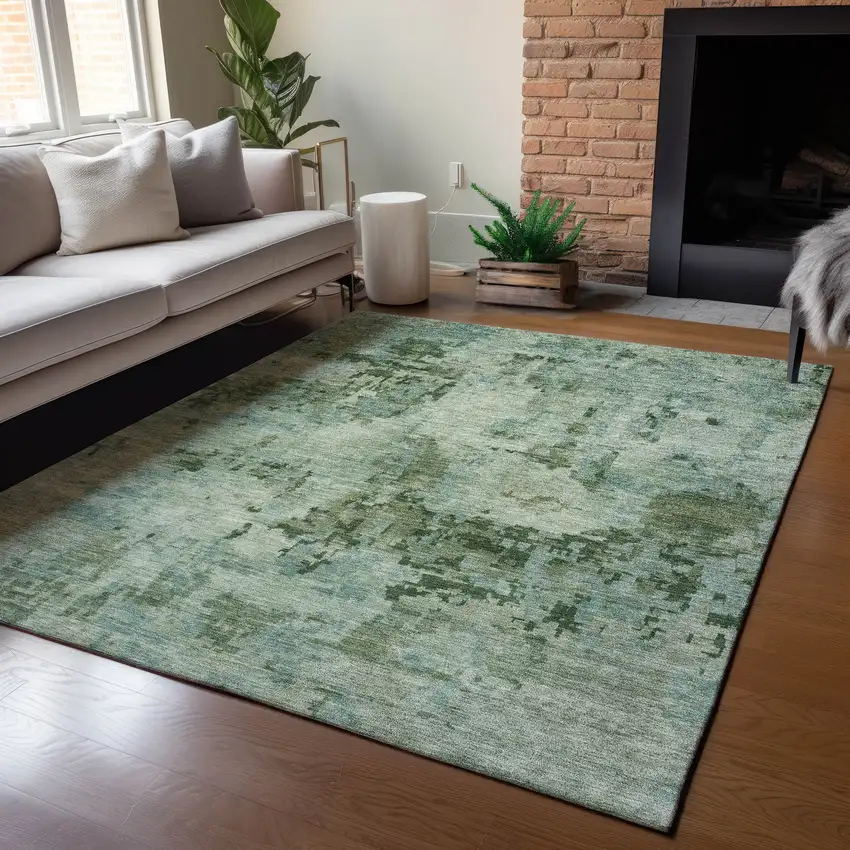 Sage And Teal Blue Abstract Washable Indoor Outdoor Area Rug Photo 6