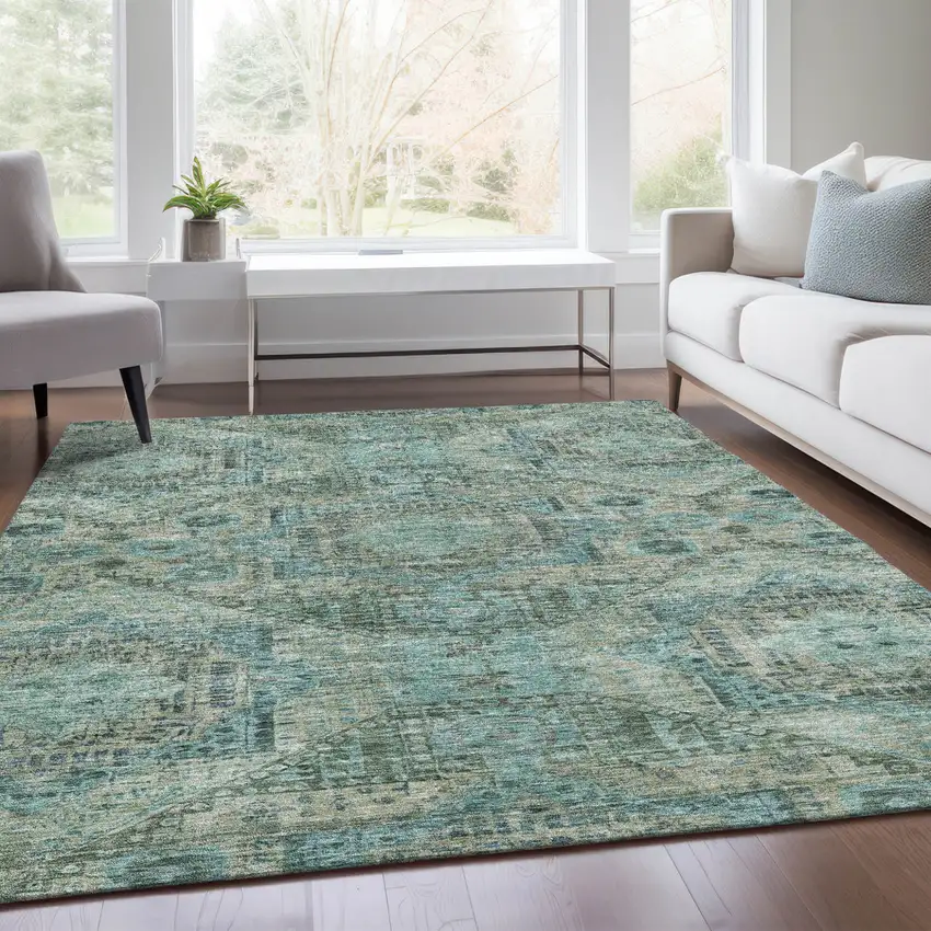 Sage And Teal Blue Moroccan Washable Indoor Outdoor Area Rug Photo 7