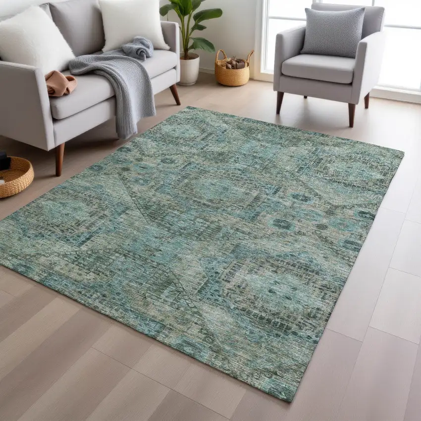 Sage And Teal Blue Moroccan Washable Indoor Outdoor Area Rug Photo 6