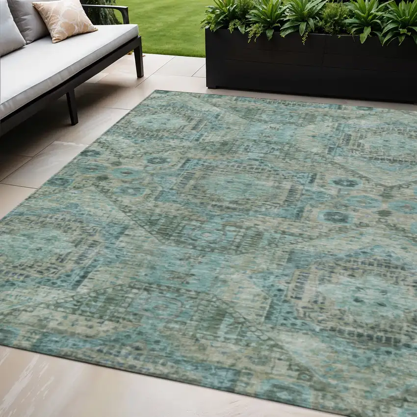 Sage And Teal Blue Moroccan Washable Indoor Outdoor Area Rug Photo 2