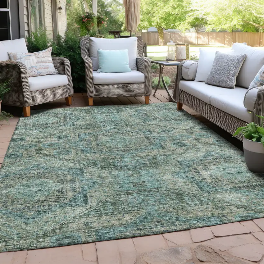 Sage And Teal Blue Moroccan Washable Indoor Outdoor Area Rug Photo 5