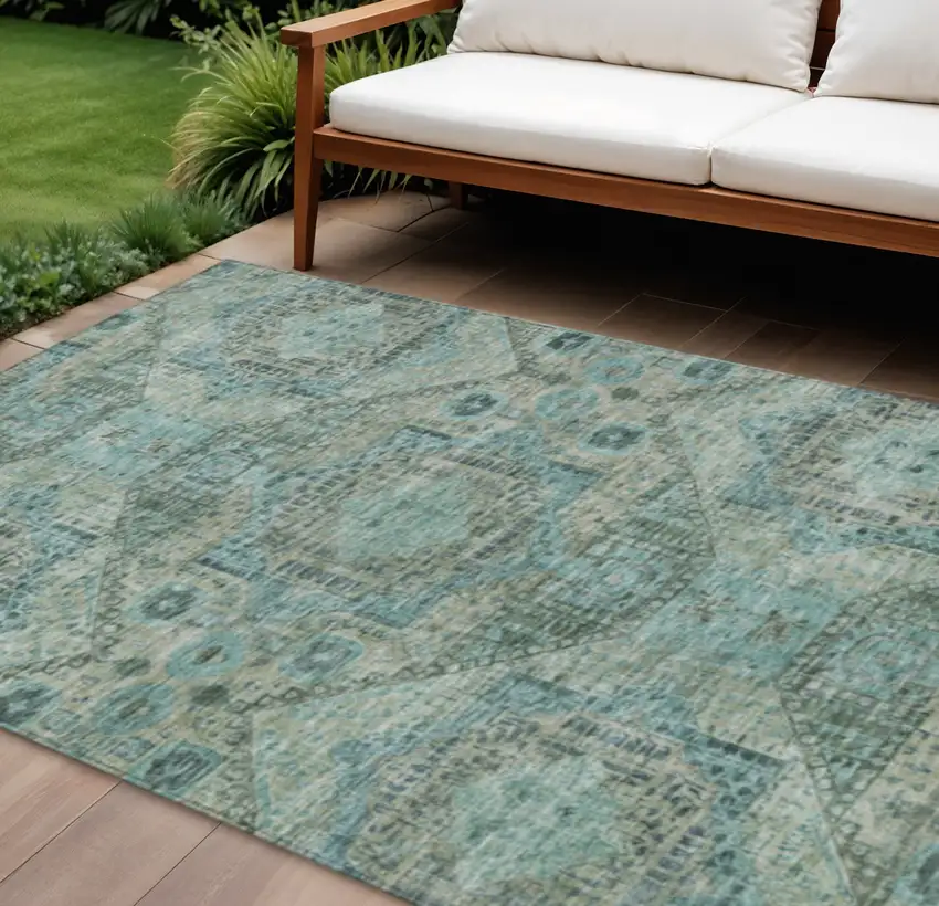 Sage And Teal Blue Moroccan Washable Indoor Outdoor Area Rug Photo 2