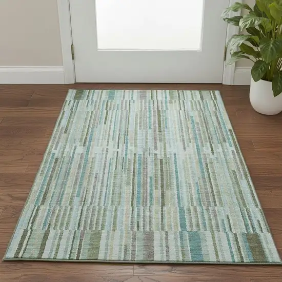 Sage And Teal Striped Washable Area Rug With UV Protection Photo 2