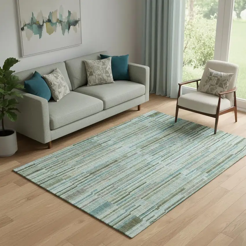 Sage And Teal Striped Washable Area Rug With UV Protection Photo 2