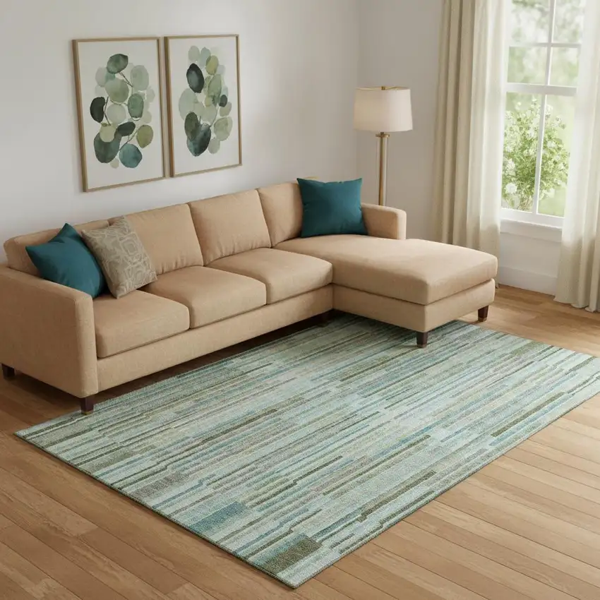 Sage And Teal Striped Washable Area Rug With UV Protection Photo 2