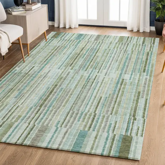 Sage And Teal Striped Washable Area Rug With UV Protection Photo 6