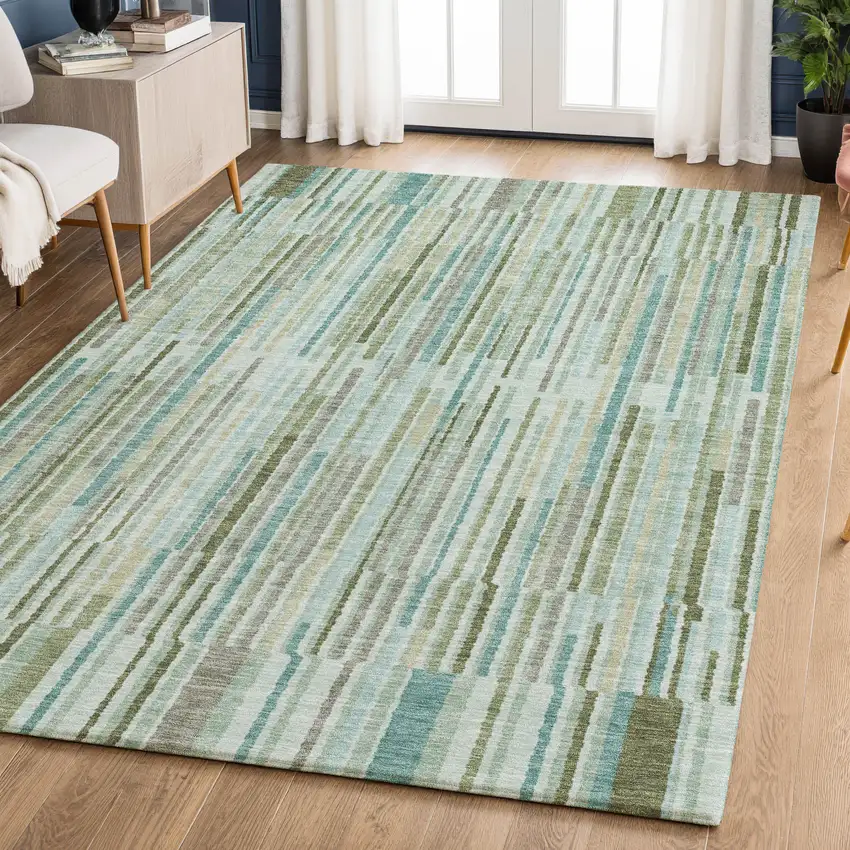 Sage And Teal Striped Washable Area Rug With UV Protection Photo 6