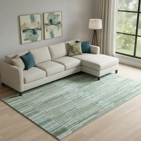 Sage And Teal Striped Washable Area Rug With UV Protection Photo 2