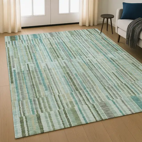 Sage And Teal Striped Washable Area Rug With UV Protection Photo 5