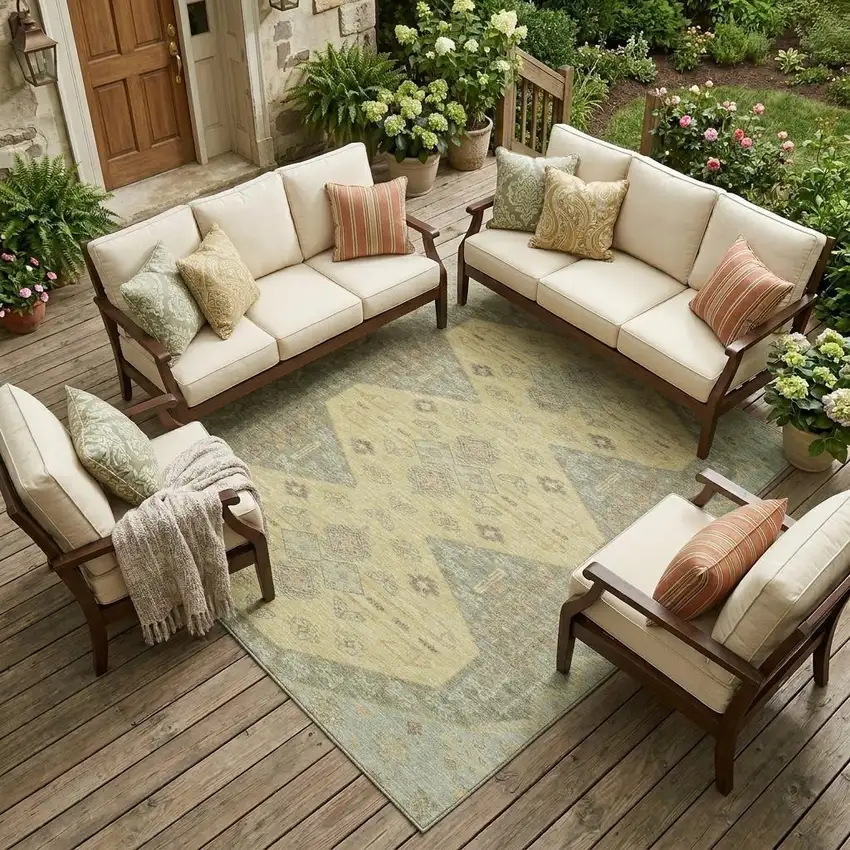 Sage And Wheat Geometric Washable Indoor Outdoor Area Rug Photo 1