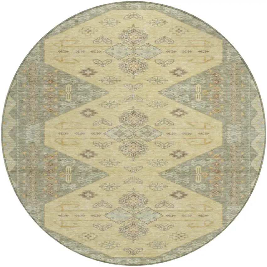 Sage And Wheat Round Geometric Washable Indoor Outdoor Area Rug Photo 1