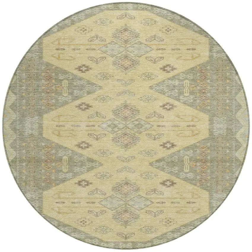 Sage And Wheat Round Geometric Washable Indoor Outdoor Area Rug Photo 3