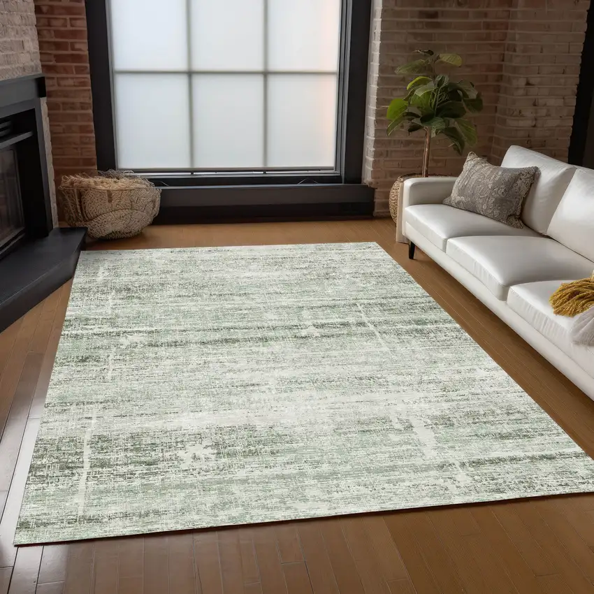 Sage Artichoke Green And Ivory Abstract Washable Indoor Outdoor Area Rug Photo 8