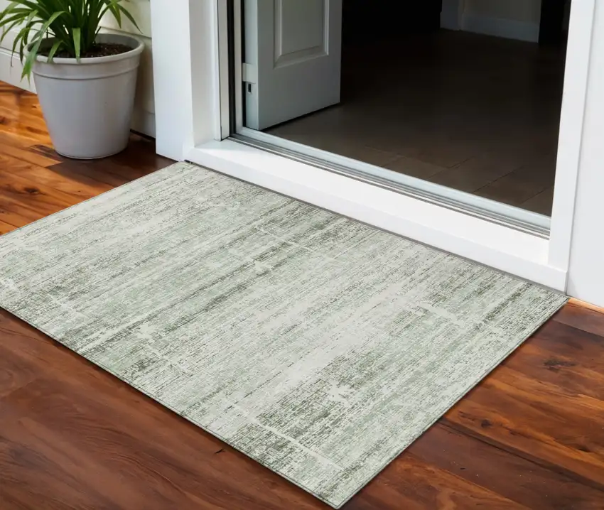 Sage Artichoke Green And Ivory Abstract Washable Indoor Outdoor Area Rug Photo 1