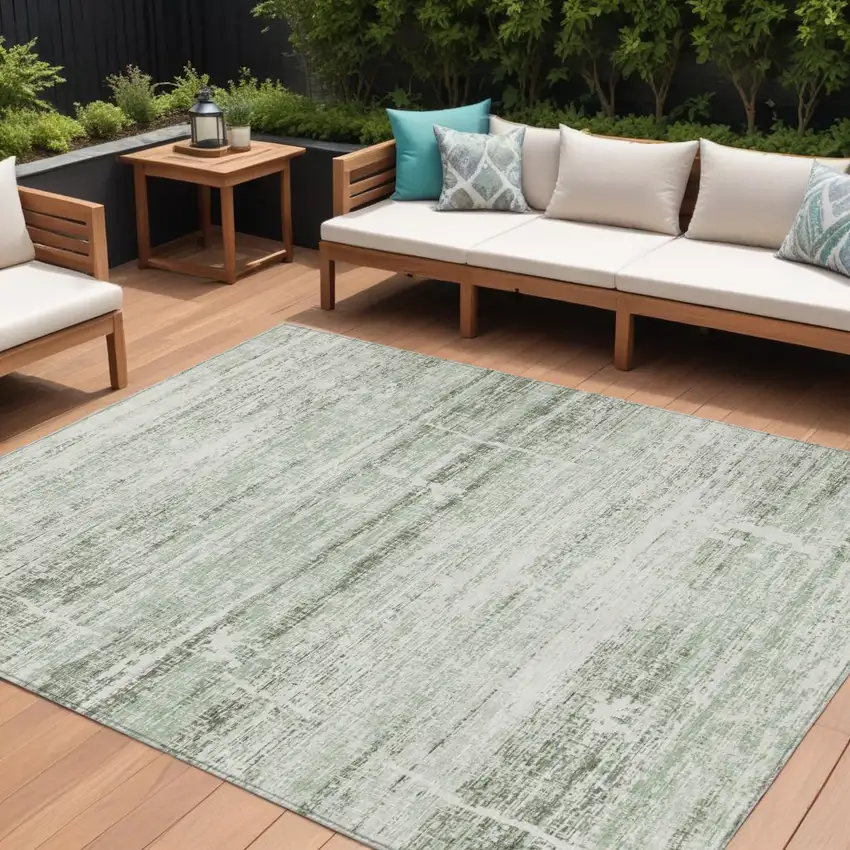 Sage Artichoke Green And Ivory Abstract Washable Indoor Outdoor Area Rug Photo 1