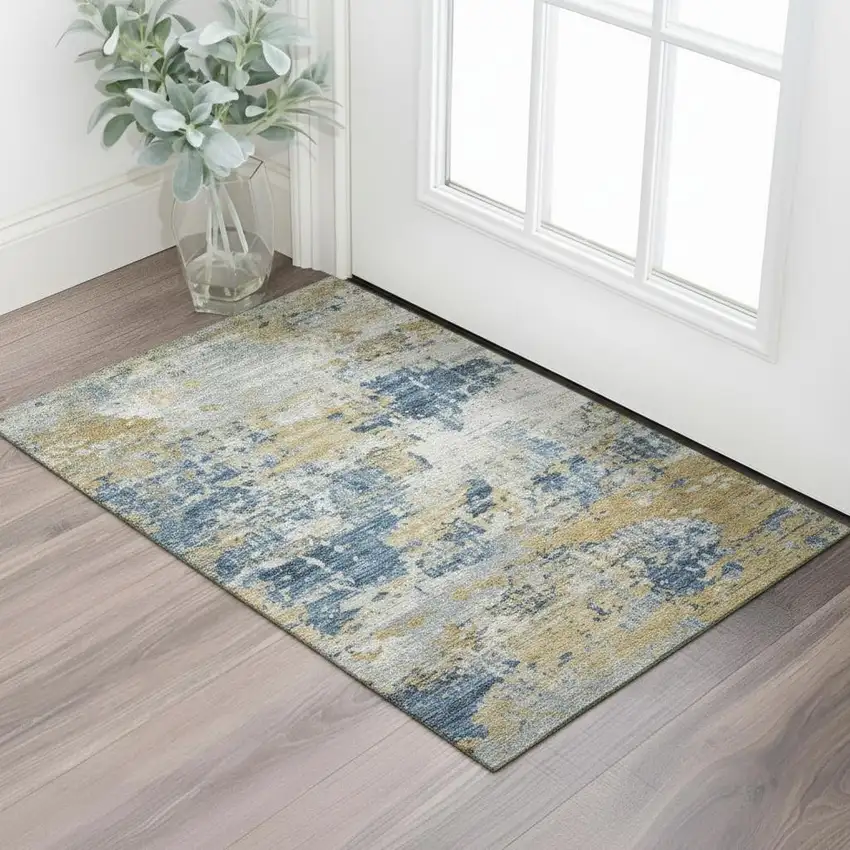Sage Beige And Blue Floral Washable Area Rug With UV Protection Photo 2