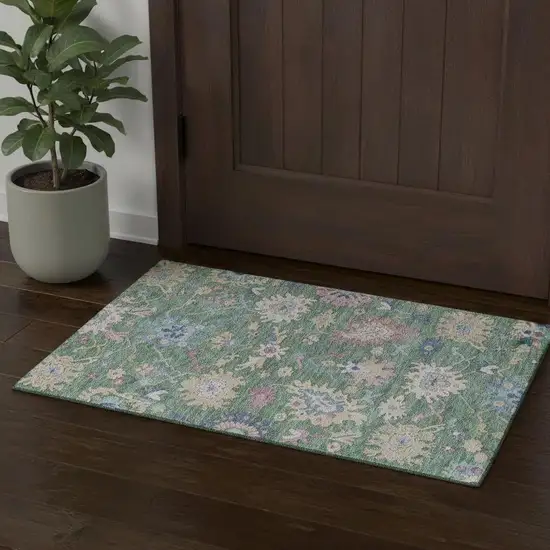 Sage Beige And Blue Floral Washable Area Rug With UV Protection Photo 1