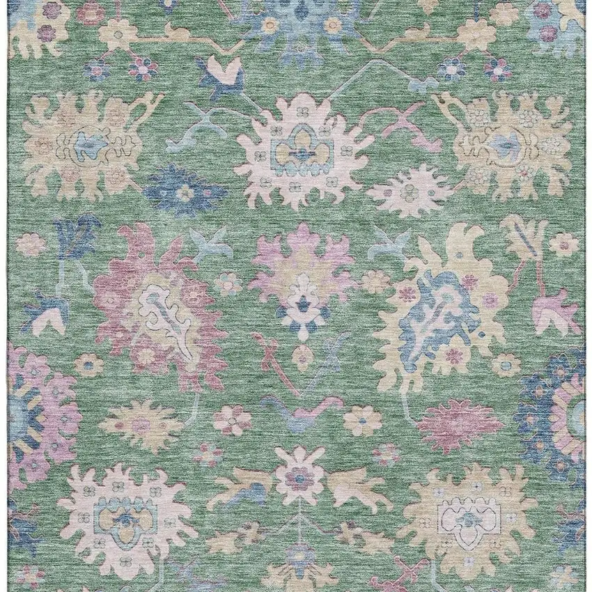 Sage Beige And Blue Floral Washable Area Rug With UV Protection Photo 5