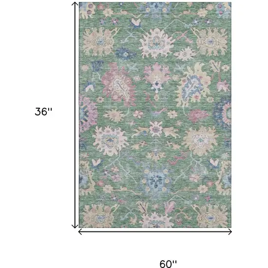 Sage Beige And Blue Floral Washable Area Rug With UV Protection Photo 3