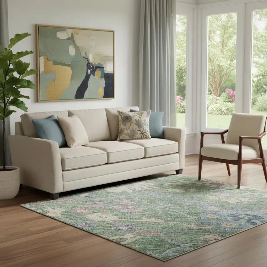 Sage Beige And Blue Floral Washable Area Rug With UV Protection Photo 2