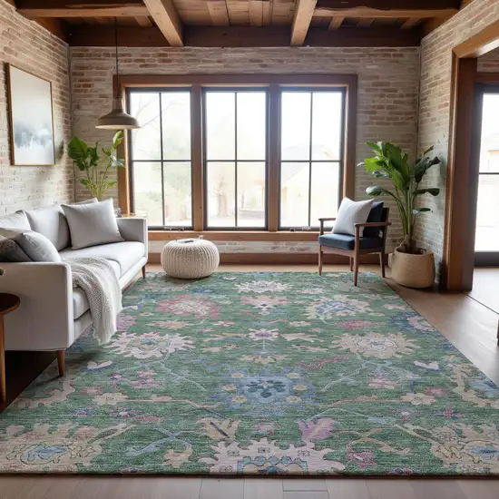 Sage Beige And Blue Floral Washable Area Rug With UV Protection Photo 4