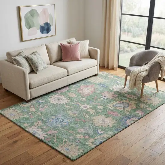 Sage Beige And Blue Floral Washable Area Rug With UV Protection Photo 1