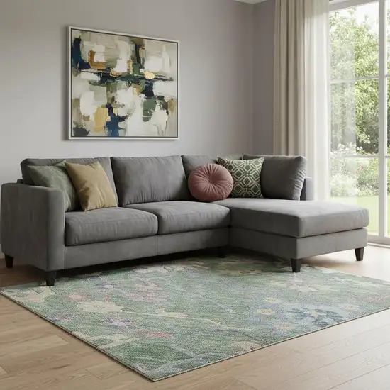 Sage Beige And Blue Floral Washable Area Rug With UV Protection Photo 2