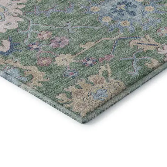 Sage Beige And Blue Floral Washable Area Rug With UV Protection Photo 8