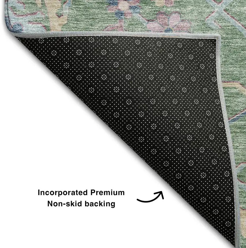 Sage Beige And Blue Floral Washable Area Rug With UV Protection Photo 7