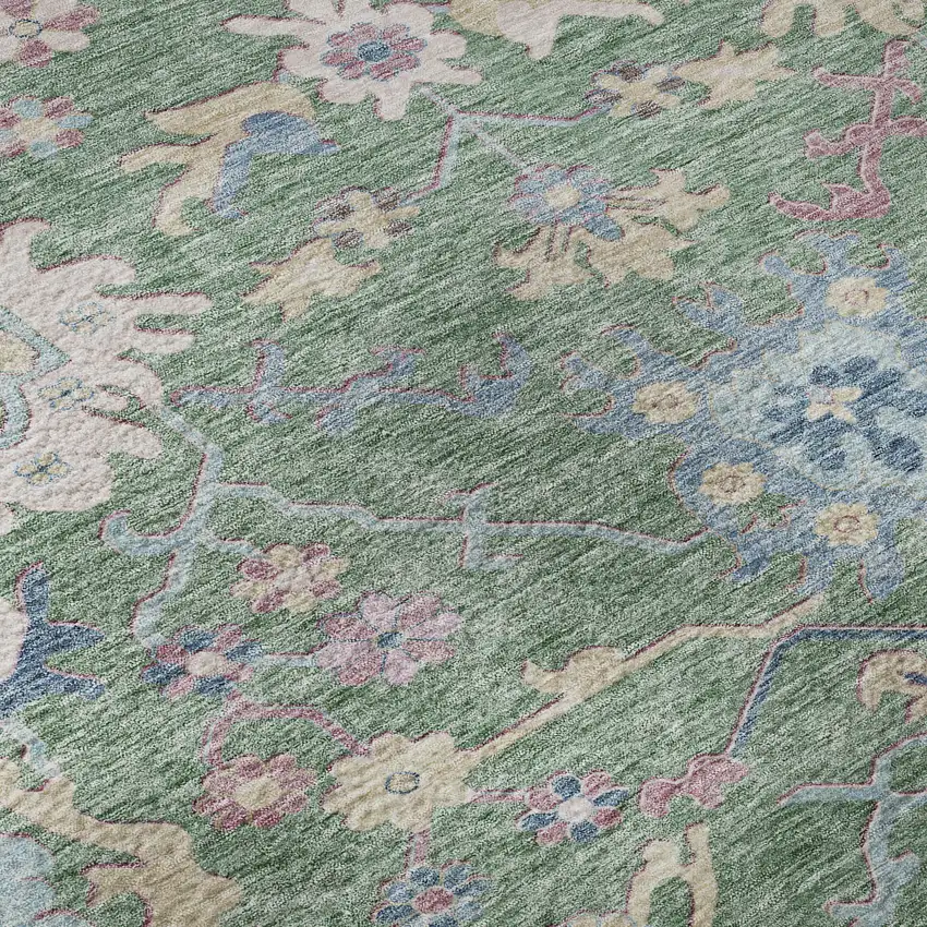 Sage Beige And Blue Floral Washable Area Rug With UV Protection Photo 1