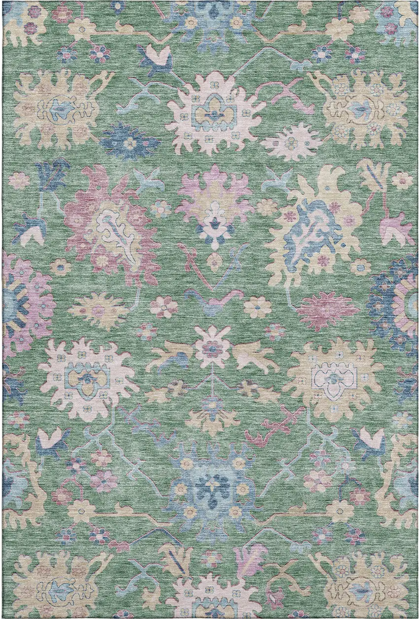Sage Beige And Blue Floral Washable Area Rug With UV Protection Photo 6