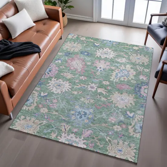 Sage Beige And Blue Floral Washable Area Rug With UV Protection Photo 5