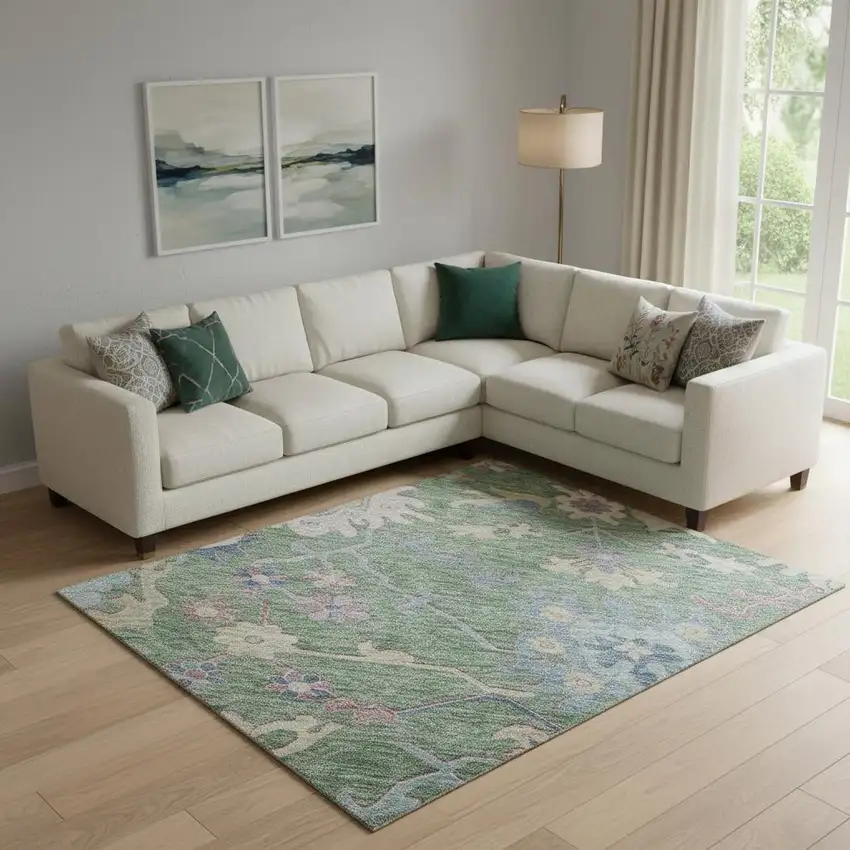 Sage Beige And Blue Floral Washable Area Rug With UV Protection Photo 2