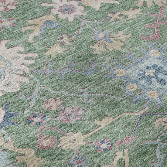 Sage Beige And Blue Floral Washable Area Rug With UV Protection Photo 1